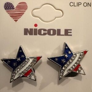 Patriotic Nicole Star Flag Clip-On Earrings - Red, White & Blue and Silver NWT